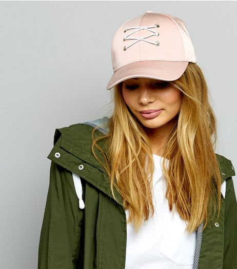 Pink Sateen Lace Up Front Cap | New Look