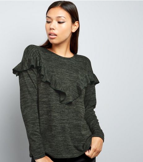 Khaki Frill Trim Brushed Long Sleeve Top | New Look