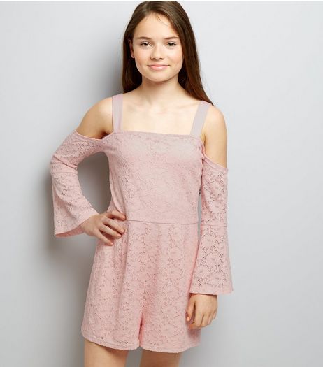 Teens Shell Pink Lace Bell Sleeve Playsuit | New Look