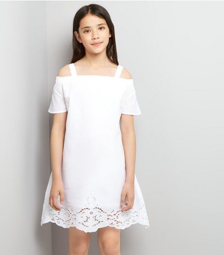 Teens White Broderie Hem Bardot Neck Dress | New Look