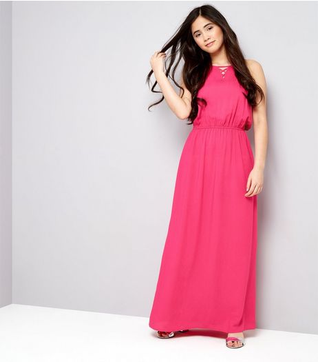 Teens Bright Pink Lattice Front Maxi Dress | New Look
