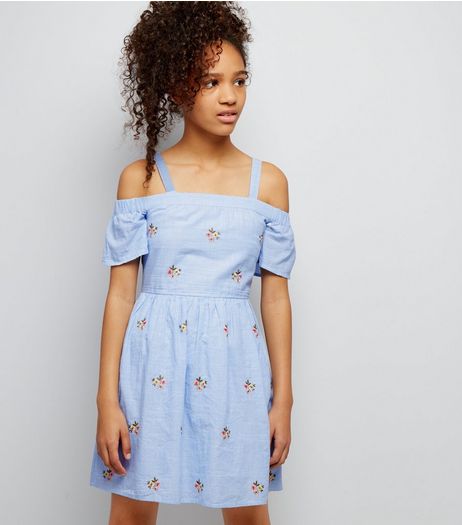 Teens Blue Floral Embroidered Cold Shoulder Dress | New Look