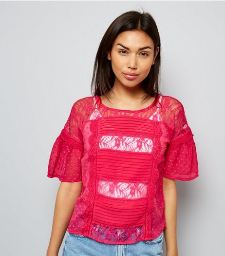 Pink Tie Back Frill Trim Chiffon Top | New Look