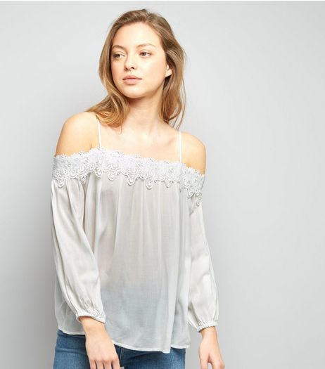 Cream Crochet Lace Trim Bardot Neck Top | New Look