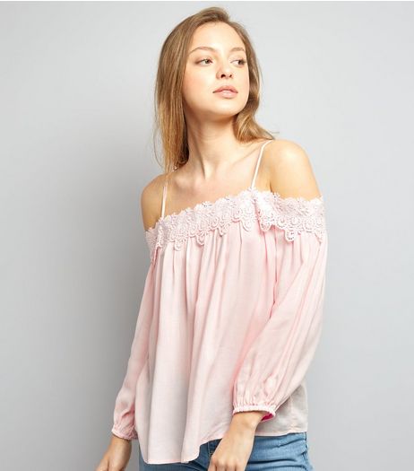 Shell Pink Crochet Lace Trim Bardot Neck Top | New Look