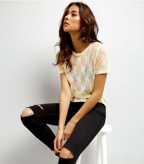 Yellow Floral Lace Sheer Top | New Look