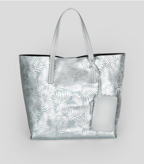 Silver Metallic Palm Print Shopper Bag | New Look