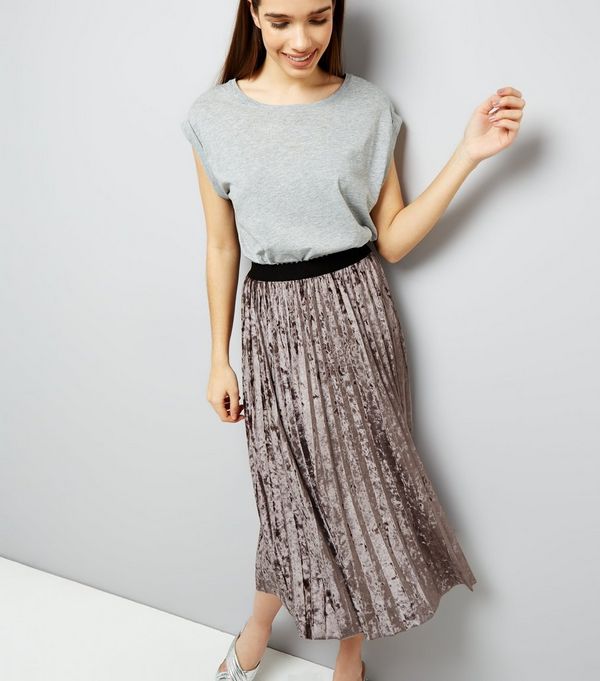 Silver Velvet Pleated Midi Skirt