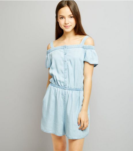 Teens Light Blue Button Front Playsuit | New Look