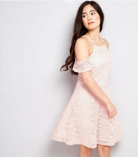 Teens Pink Lace Cold Shoulder Skater Dress | New Look