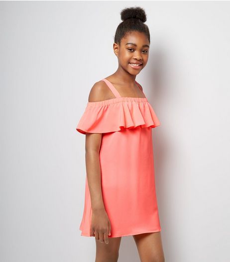 Teens Coral Frill Trim Bardot Neck Dress | New Look