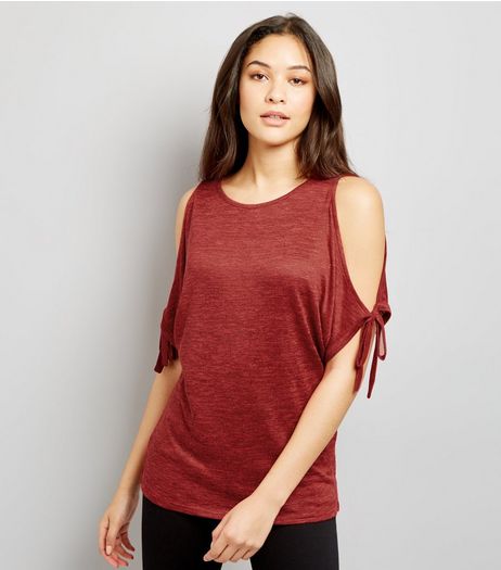 Red Cold Shoulder Tie Sleeve Top | New Look