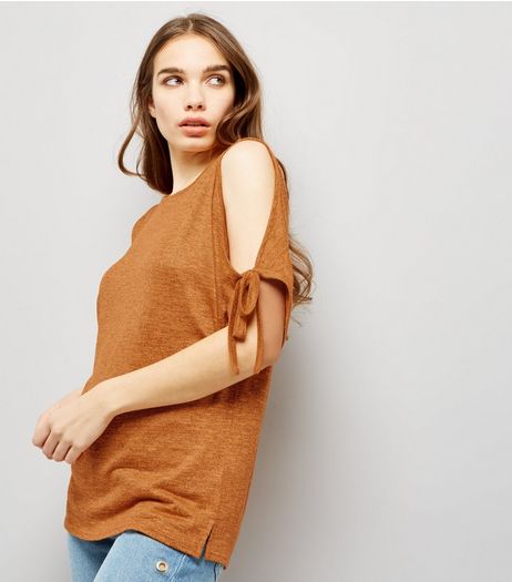 Orange Cold Shoulder Tie Sleeve Top | New Look