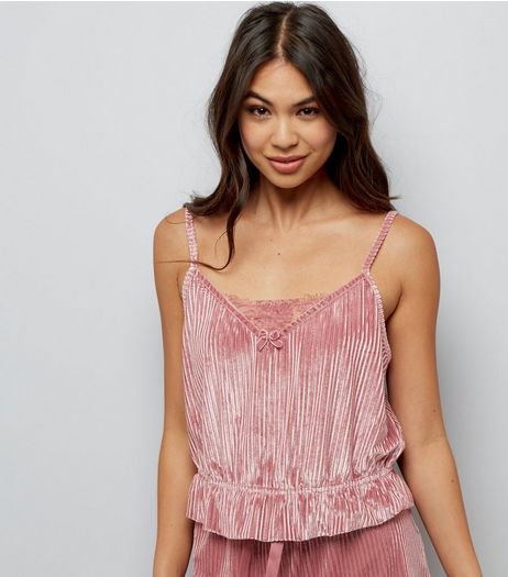 Deep Pink Velvet Ribbed Frill Hem Pyjama Cami | New Look