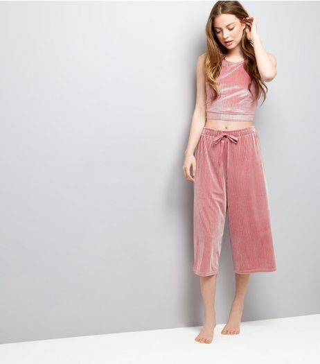 Deep Pink Velvet Ribbed Pyjama Culottes | New Look