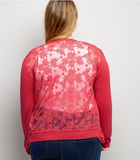 Curves Bright Pink Lace Back Cardigan | New Look
