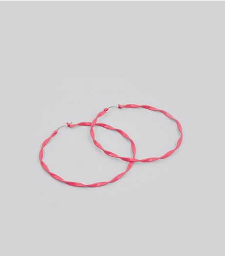 Neon Pink Twisted Hoop Earrings | New Look