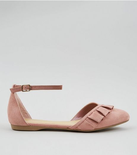 Wide Fit Pink Suedette Frill Trim Ankle Strap Flats | New Look