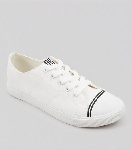 White Canvas Stripe Detail Trainers | New Look