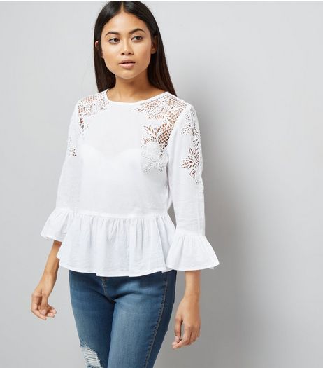 Petite White Cut Out Lace Frill Trim Top | New Look