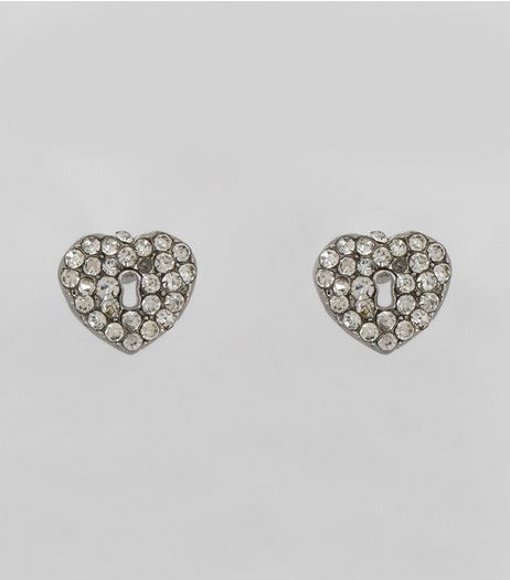 Silver Crystal Padlock Heart Stud Earrings | New Look