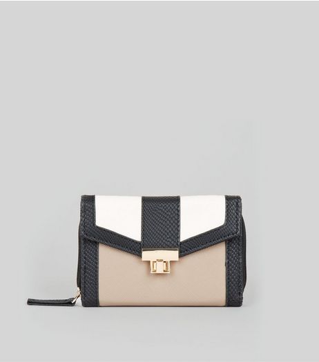 Stone Colour Block Textured Fold Over Purse | New Look