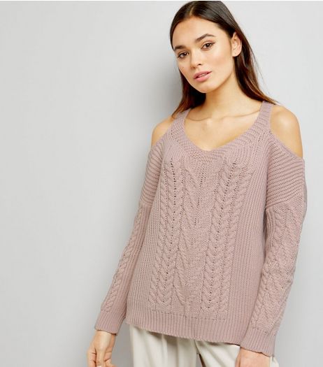 Shell Pink Cold Shoulder Cable Knit Jumpers | New Look
