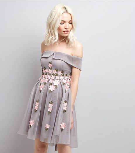 Petite Grey Mesh Floral Applique Bardot Neck Dress | New Look