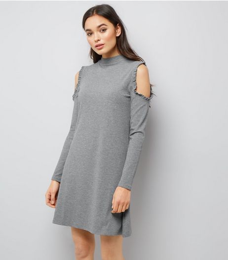 Grey Frill Trim Cold Shoulder Long Sleeve Swing Dress | New Look