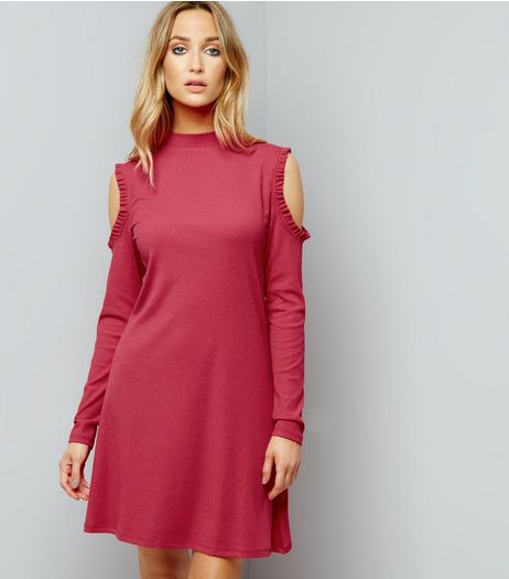 Pink Funnel Neck Cold Shoulder Swing Dress | New Look