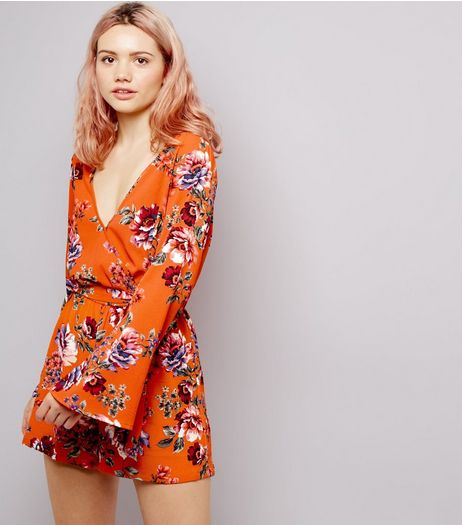 Orange Floral Print Flared Sleeve Playsuit | New Look