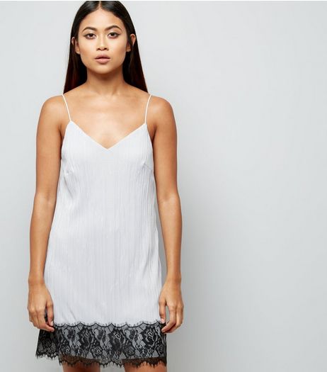 Petite Pale Grey Lace Trim Pleated Slip Dress | New Look