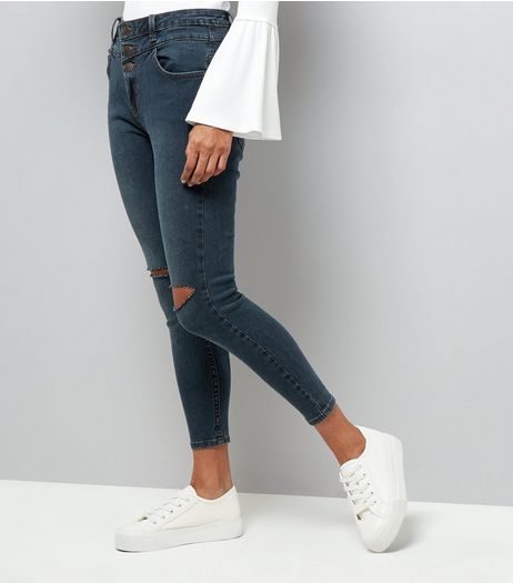 Petite Navy Ripped Knee Skinny Jeans | New Look