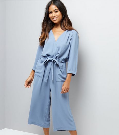 Petite Grey Wrap Front Culotte Jumpsuit | New Look
