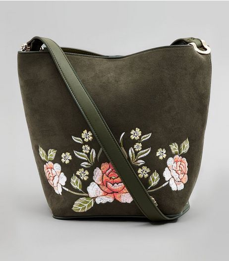 Khaki Suedette Floral Embroidered Bucket Bag | New Look