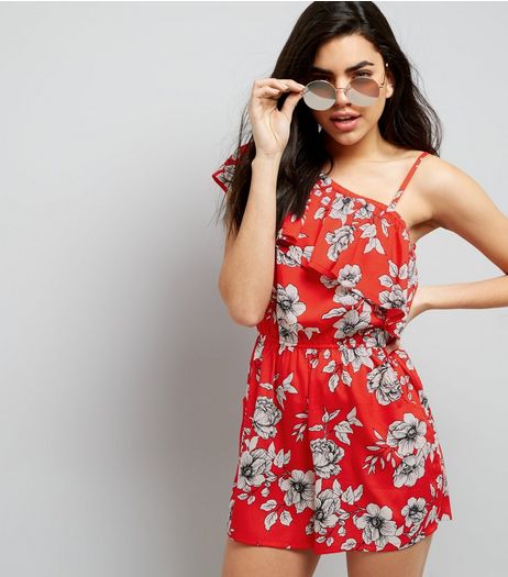 Orange Floral Print Asymmetric Frill Trim Playsuit | New Look