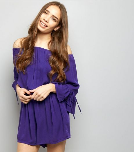 Purple Bardot Neck Bell Sleeve Playsuit | New Look