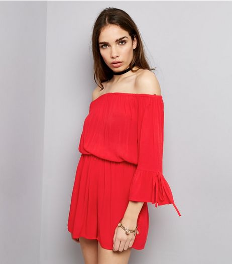 Red Bell Sleeve Bardot Playsuit | New Look