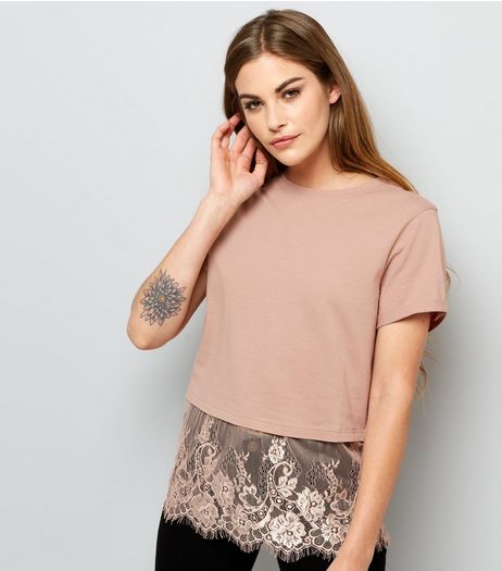 Pink Lace Hem T-Shirt | New Look