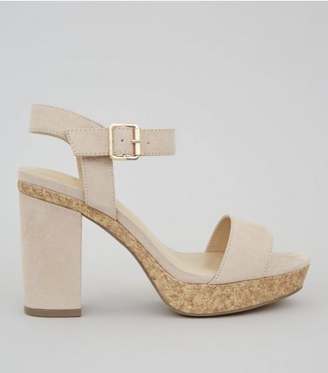 Nude Pink Suedette Cork Trim Platform Heels | New Look