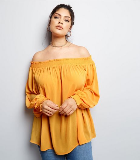 Curves Yellow Shirred Bardot Neck Top | New Look
