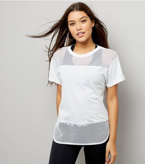 White Mesh Panel Sports T-Shirt | New Look