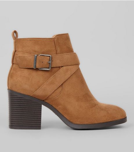 Wide Fit Tan Suedette Square Toe Heeled Boots | New Look