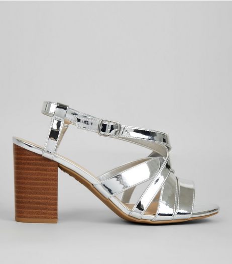Wide Fit Silver Contrast Block Heeled Sandals | New Look