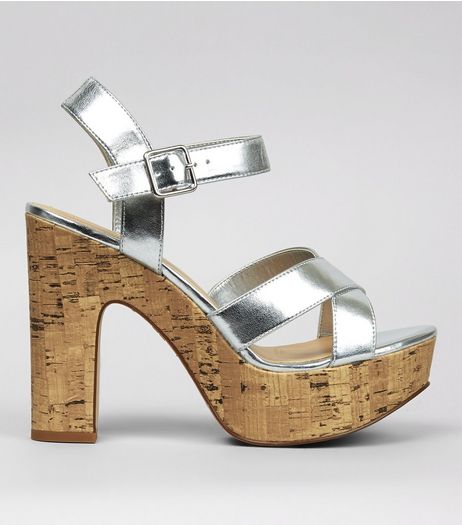 Wide Fit Silver Cork Platform Heels | New Look