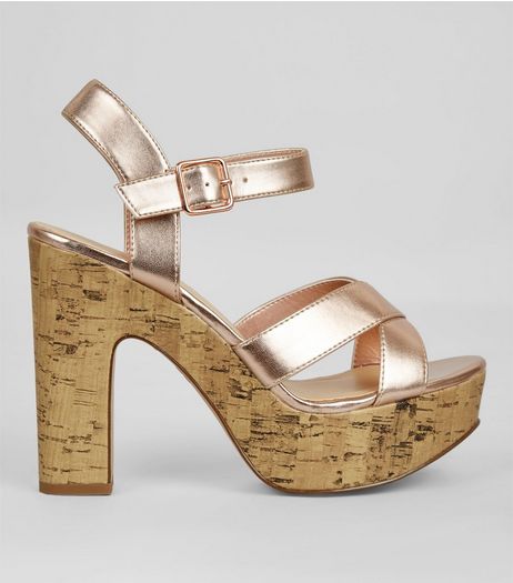 Wide Fit Rose Gold Cork Platform Heels | New Look