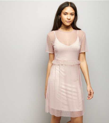 Shell Pink Frill Trim Mesh Smock Dress | New Look