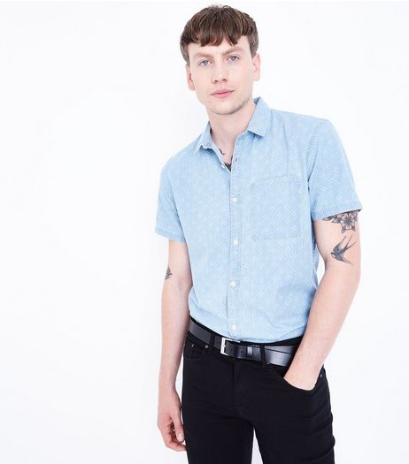 Blue Patterned Short Sleeve Denim Shirt | New Look