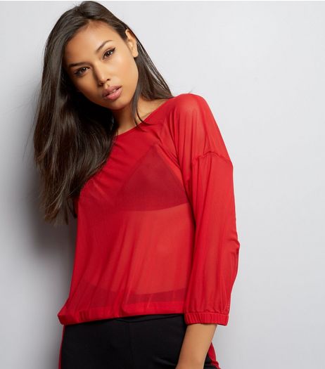 Red Mesh Drawstring 3/4 Sleeve Top | New Look