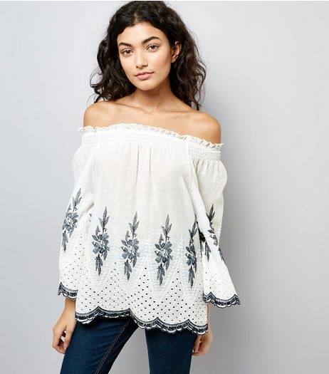 QED White Floral Embroidered Bardot Neck Top | New Look